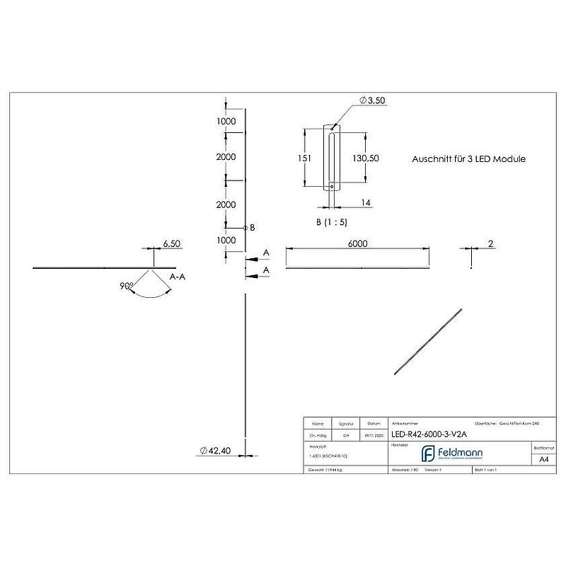 Edelstahlrohr 42,4x2,0mm für LED Module, V2A
