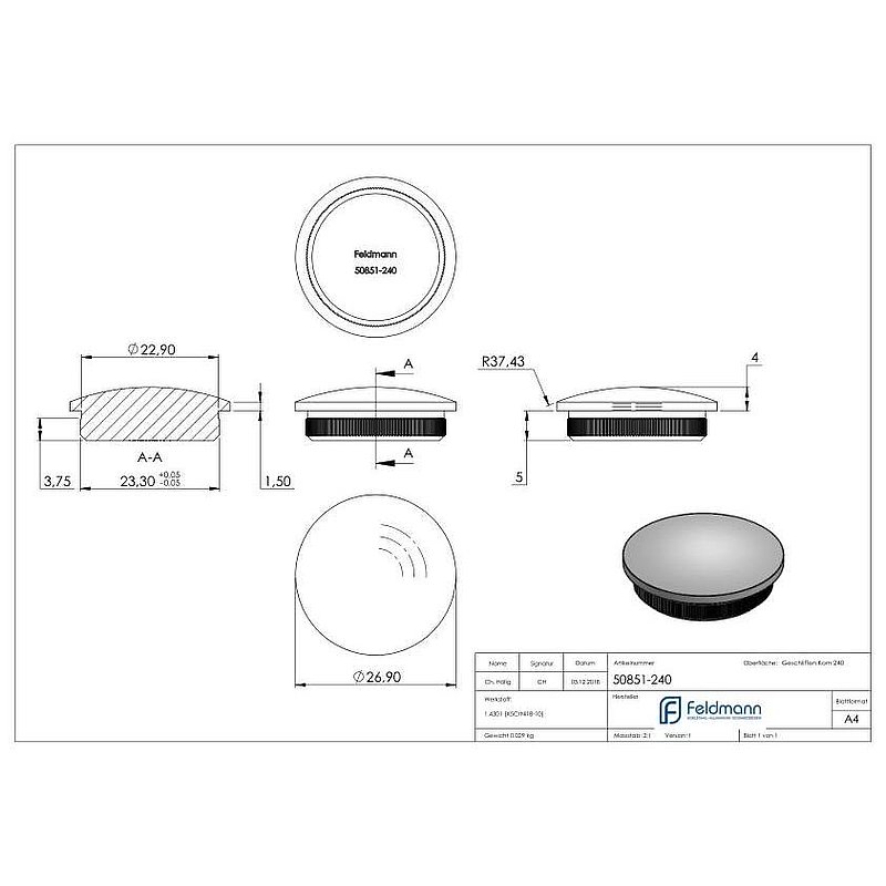 Bouchon pour extrémité de tube, pour tube 26,9x2,0mm, V2A