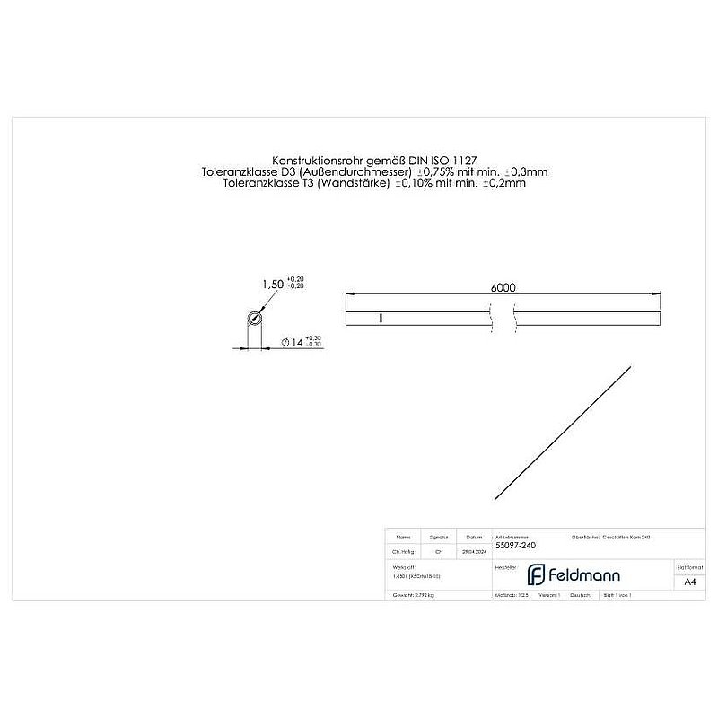 Tube rond acier inoxydable, Ø 14,0x1,5mm, L: 6000mm, V2A
