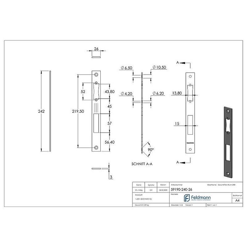 Edelstahlschließblech 242x26x3,0mm, für Abstand 92mm, V2A (1.4301)