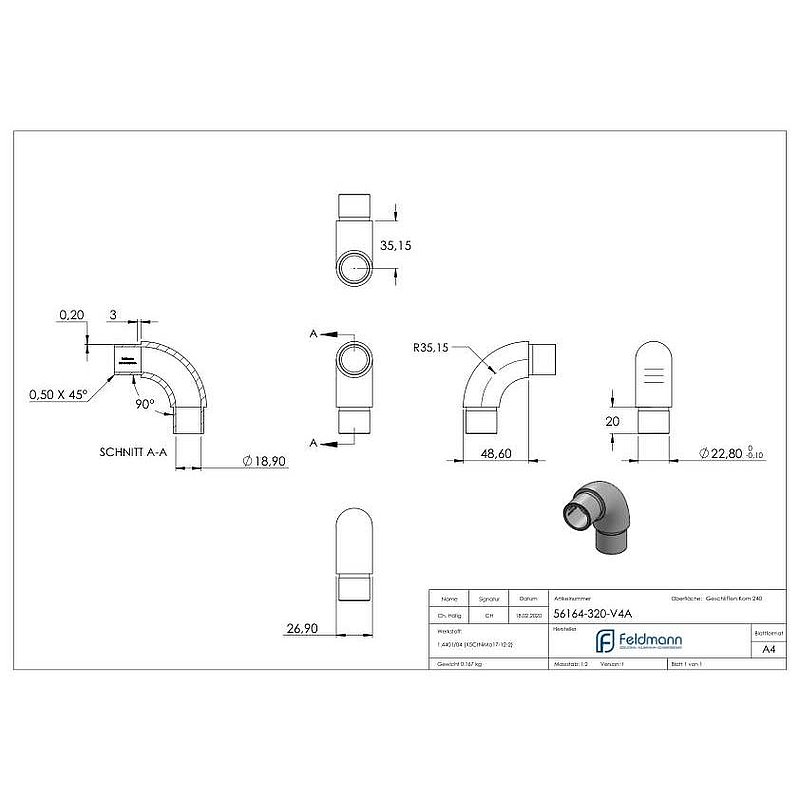 Rohrbogen 90°, für Rohr 26,9x2,0mm, V4A
