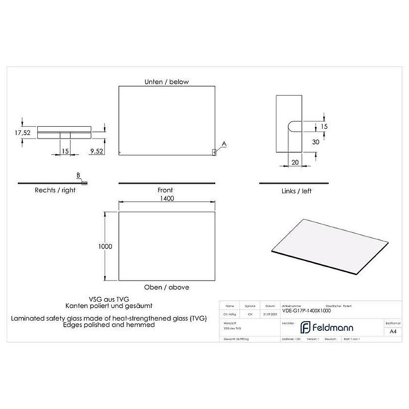 Eleganza canopy glass: 1400x1000mm VSG made of 2x8mm TVG with 1,52mm PVB