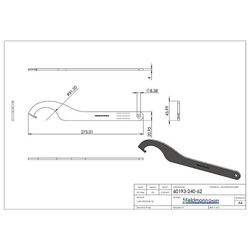 Gabelschlüssel für Glaspunkthalter 62mm, V2A