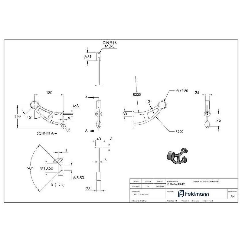 Support pour repose-pieds ou main courante, pour tube Ø 42,4mm, V2A