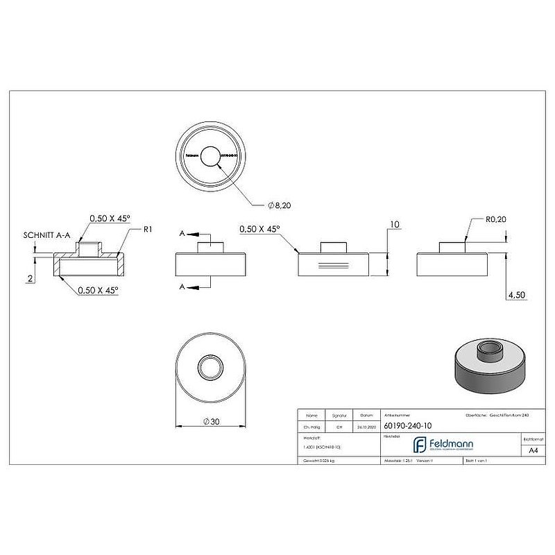 Entretoise Ø 30mm, avec trou de passage, ép.: 10mm, V2A