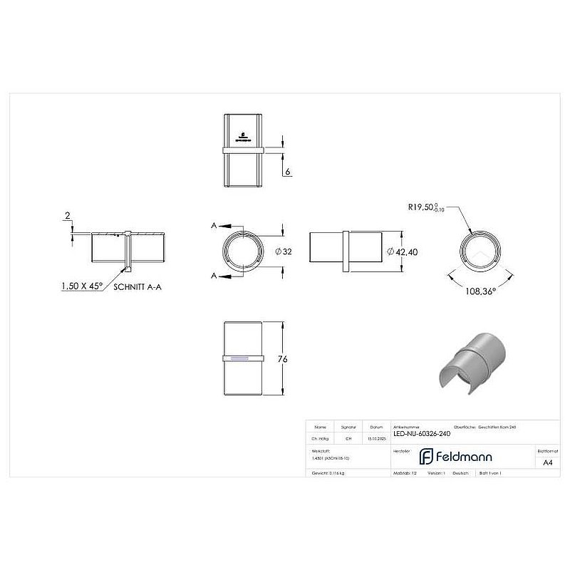 Rohrverbinder für LED-Nutrohr 42,4mm, V2A