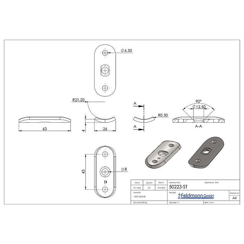 Handrail connection plate S235JR, pipe connection 42.4 - 48.3mm