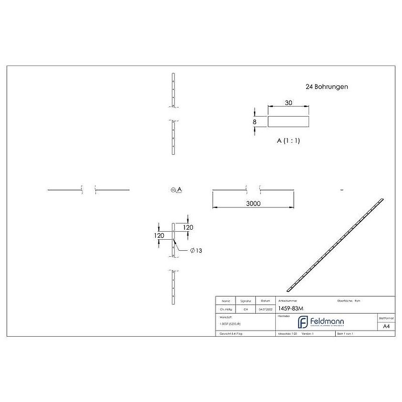 Perforated strip S235JR, 30x8mm, hole spacing 120mm, 3000mm