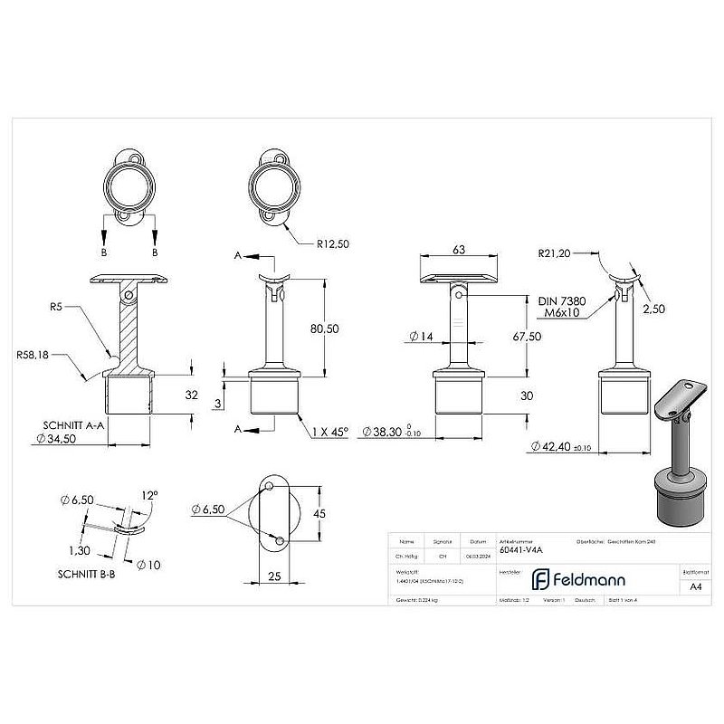 Bouchon pour extrémité de tube avec articulation et plaque de racc. pour tube Ø 42,4x2,0mm, V4A