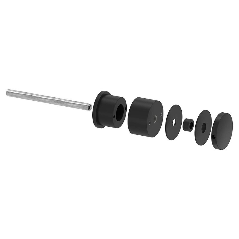 Glaspunkthalter 52mm, flach, verstellbar, V2A, pulverbeschichtet in RAL 9005 schwarz matt
