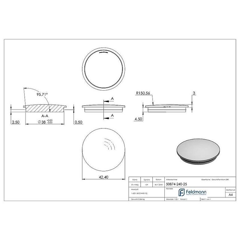 Rohrabschlussstopfen, für Rohr 42,4x2,5mm, V2A