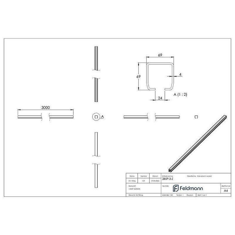 Rail pour portail coulissant autoportant, longueur 3m, galvanisé