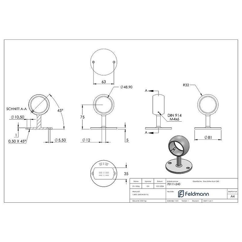 Tube holder, for tube 48.3 mm, AISI304