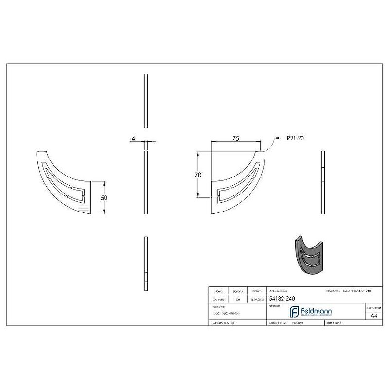 Handrail blade, 4mm thick, AISI304