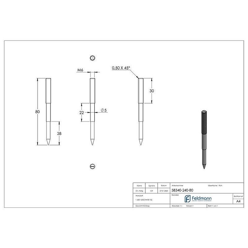 Hanger bolt M6x80mm, AISI304