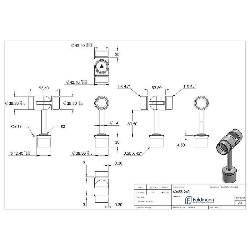 Bouchon pour extrémité de tube pour tube 42,4x2,0mm, avec articulation haute, V2A