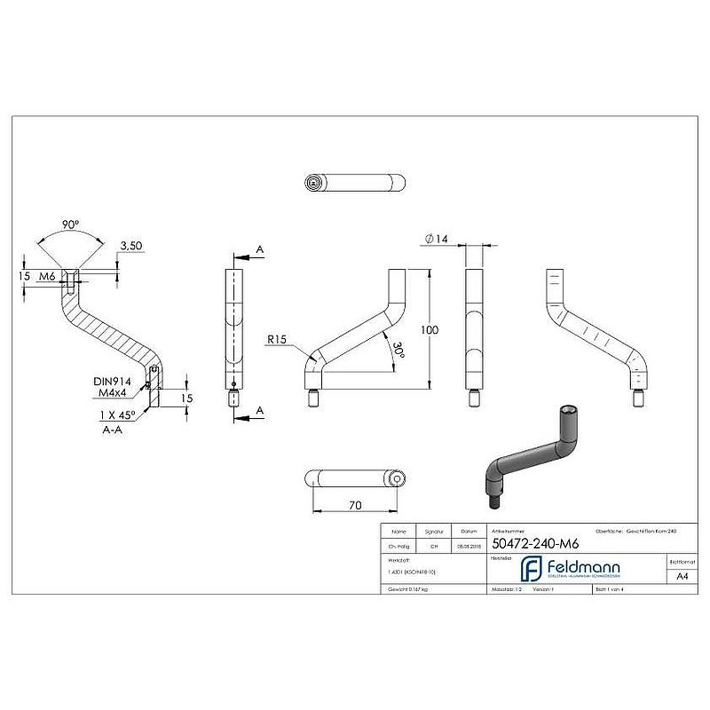 Étrier Ø 14mm, 2x courbé à 30°, V2A