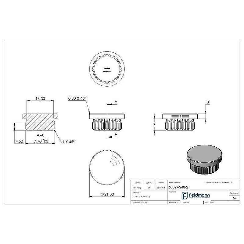 Tube end plug, for tube 21.3x2.0mm, AISI304