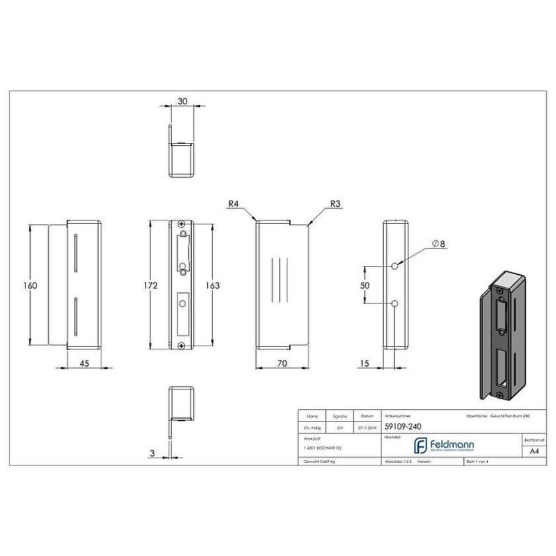 Stainless steel counter case angular, for spacing 72mm, 30mm, AISI304