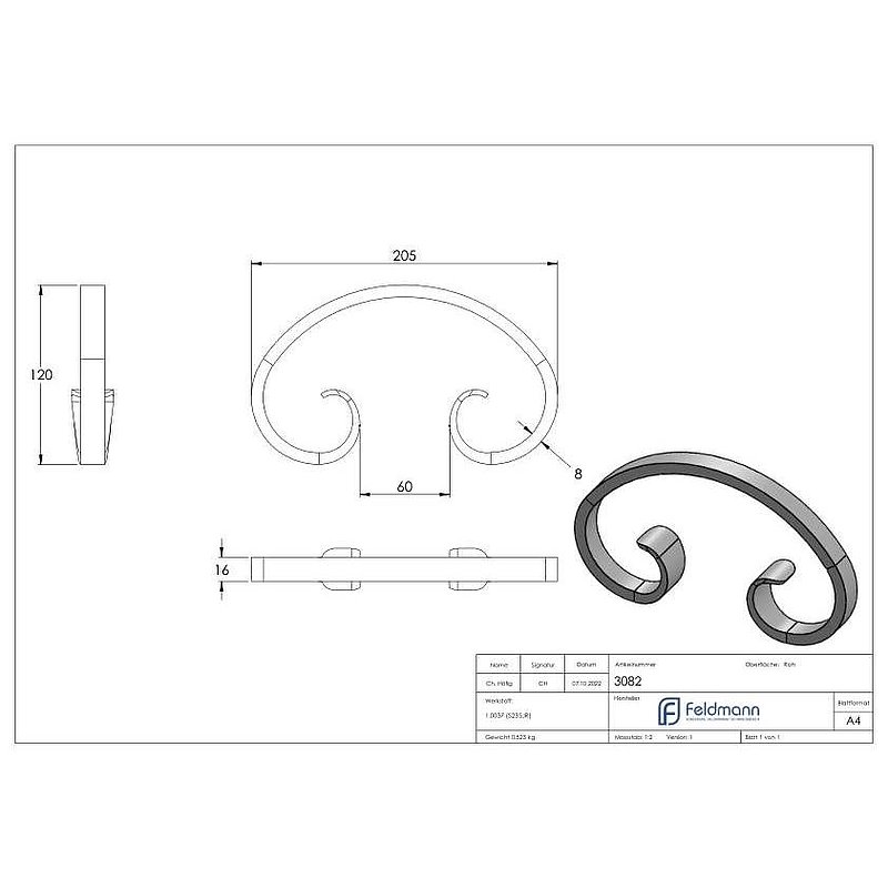 Volute en forme de C 16x8mm, 125x205mm