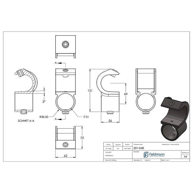 Raccord à pince en croix ouvert 90°, pour tube Ø 48,3mm