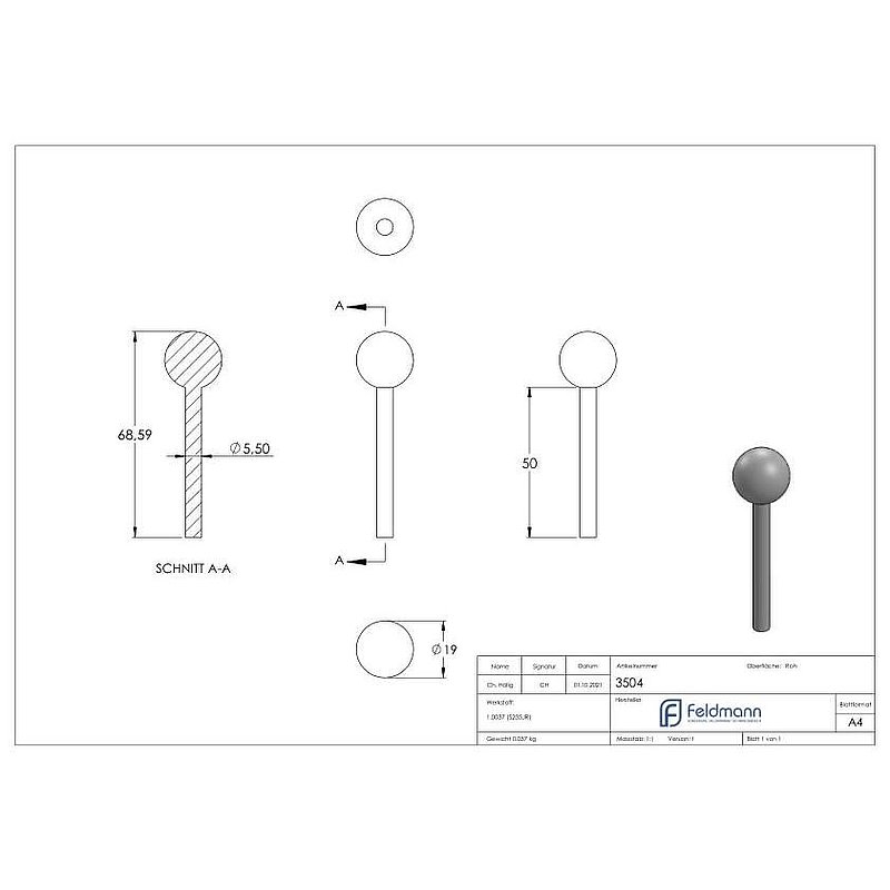 Ball head bolt, ball 19mm