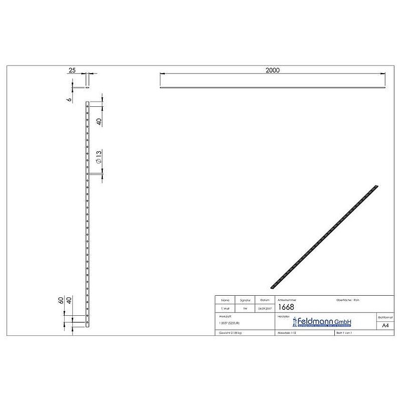 Lochleiste S235JR, 25x6mm, Lochabstand 60mm, 2m