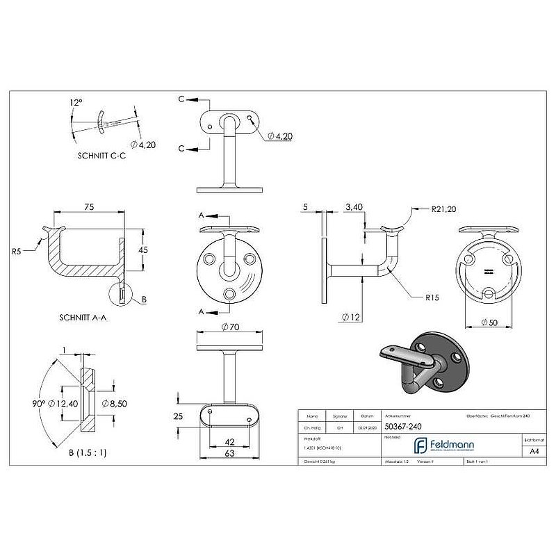 Handrail bracket with handrail connection plate 42.4mm, (round plate and bracket welded), AISI304
