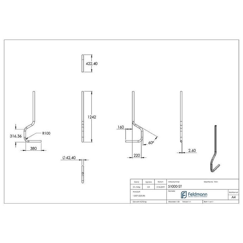 Pfosten gebogen aus Rundrohr 42,4 x 2,5mm, S235