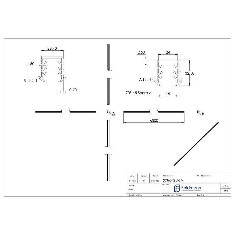 Wedge seal for glass 16.76 - 17.52mm, for groove 27x30mm, 6m