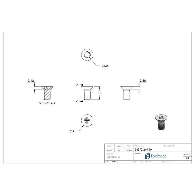 Countersunk head screw M5x10, AISI304 DIN 965