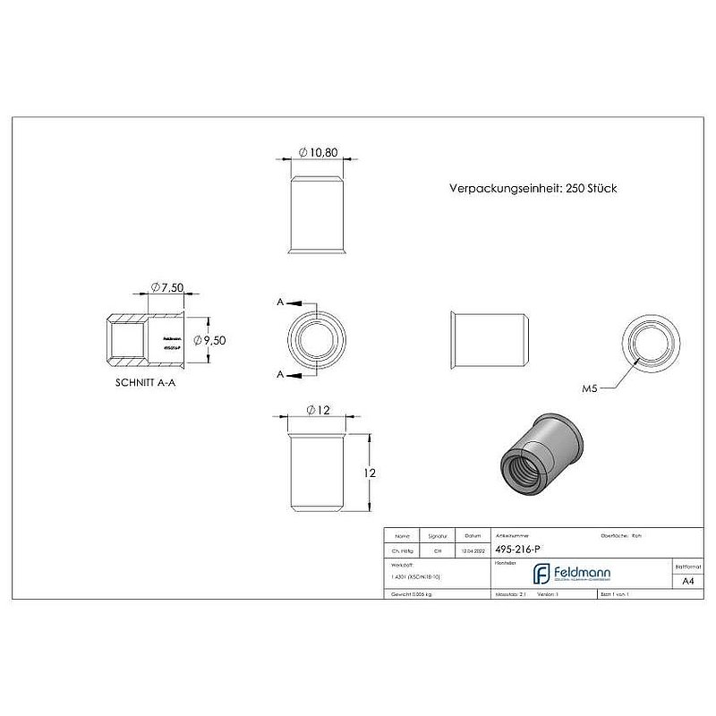 Blind-Einnietmutter, V2A M8/Loch 11mm, VPE mit 250 Stück, V2A