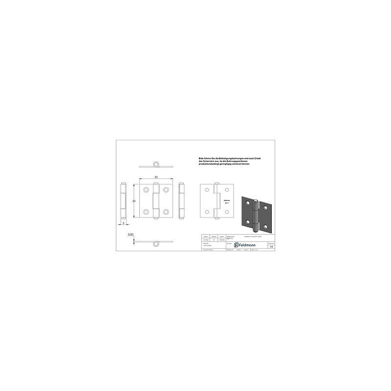 Scharnier 30x30mm mit festem Zapfen