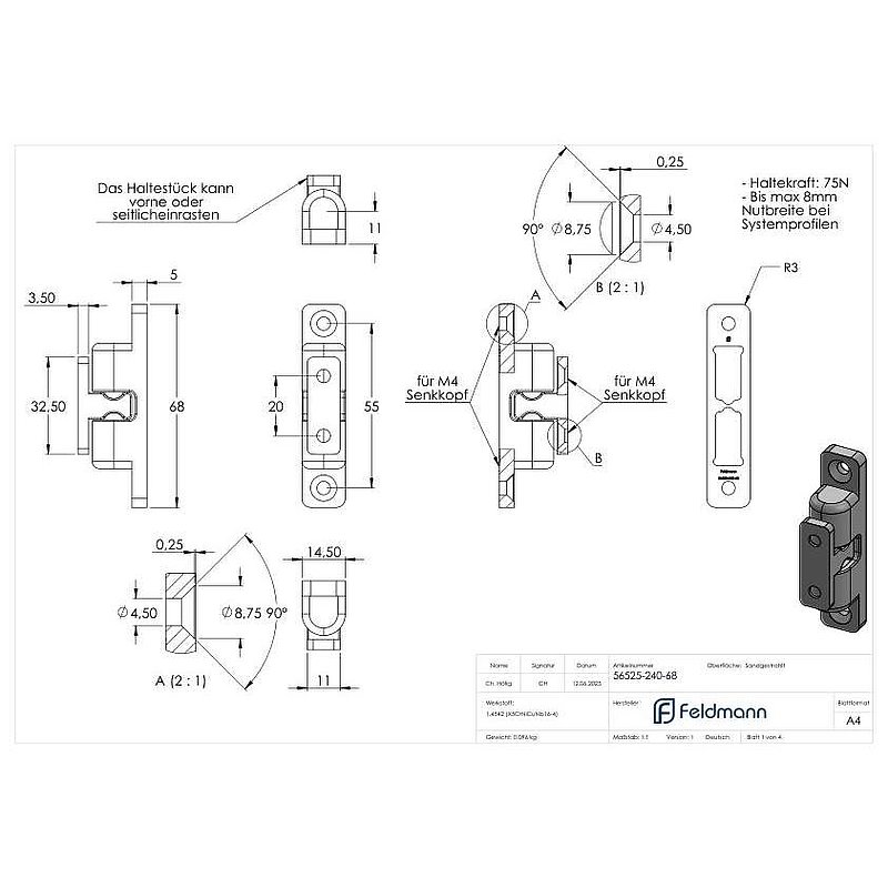 ball catch with holding force 75N, AISI304