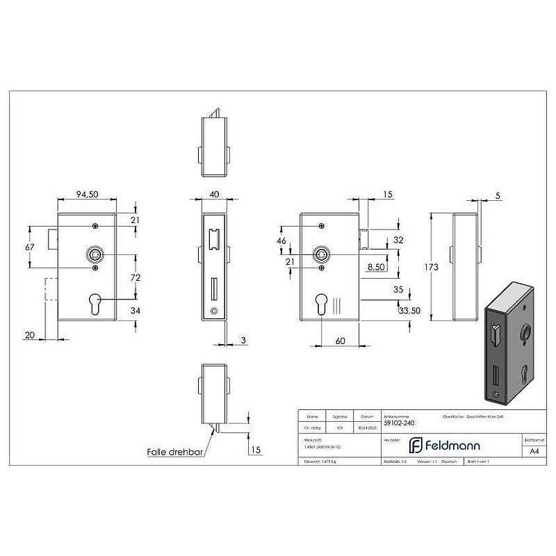 Serrure acier zinguée avec coffre en acier inoxydable, dimensions: 40x94,5x173mm