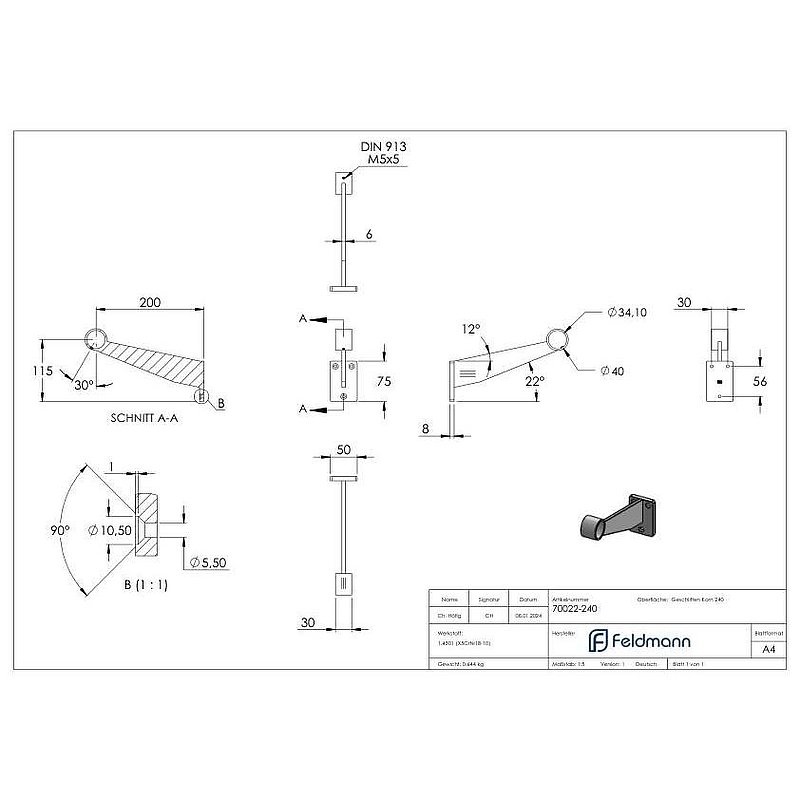 Support pour repose-pieds ou main courante, pour tube Ø 33,7mm, V2A