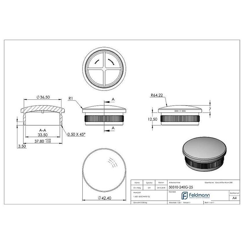 Bouchon pour extrémité de tube, pour tube 42,4x2,5mm, V2A