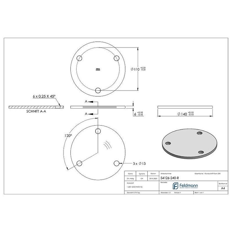 Ankerplatte Ø 140x6mm, mit Rundschliff, V2A