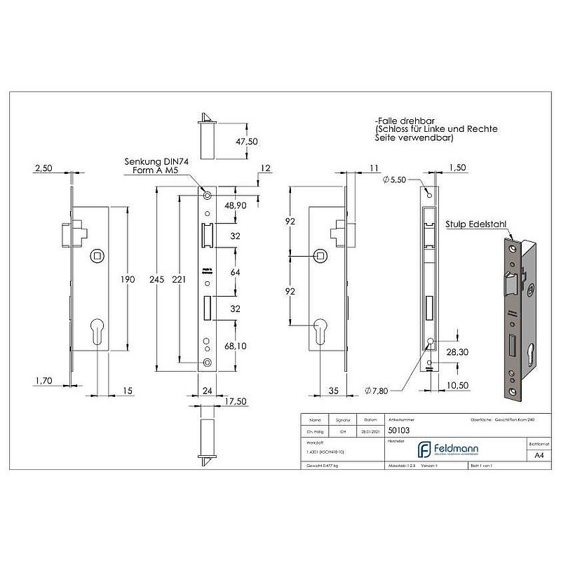 Serrure pour profils tubulaires zingué, entraxe 92 mm zingué, position du cylindre de serrure 35mm