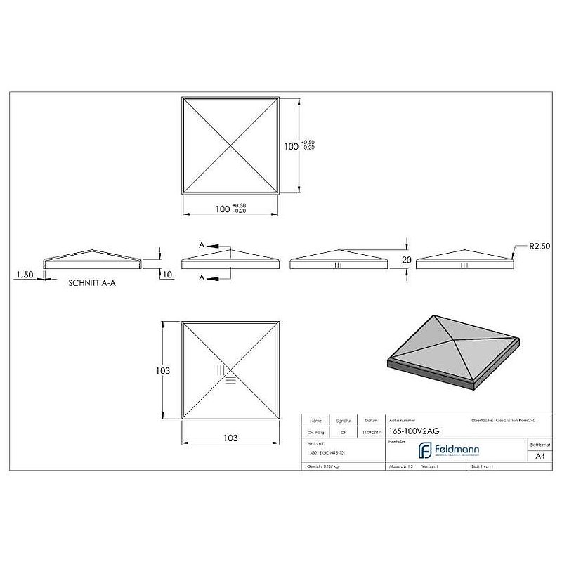 Pyramidenkappe, für Rohr 100x100mm, V2A