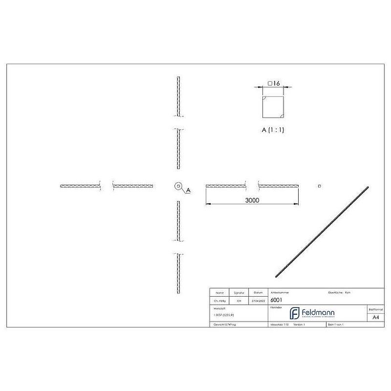 Vierkant S235JR, 16x16mm, L: 3000mm