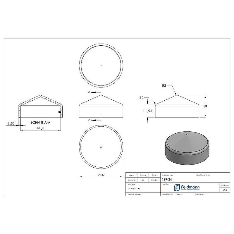 Capuchon pour tube rond Ø34mm