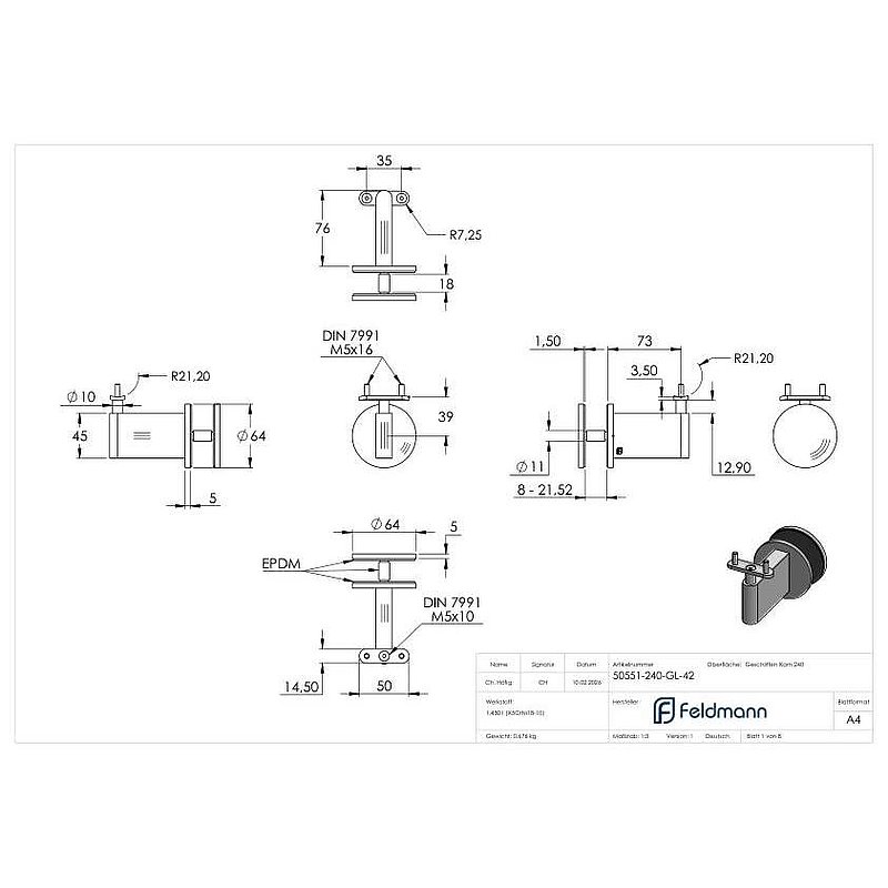 Sensa Design 2, für Rohr 42,4mm, für Montage an Glas, V2A