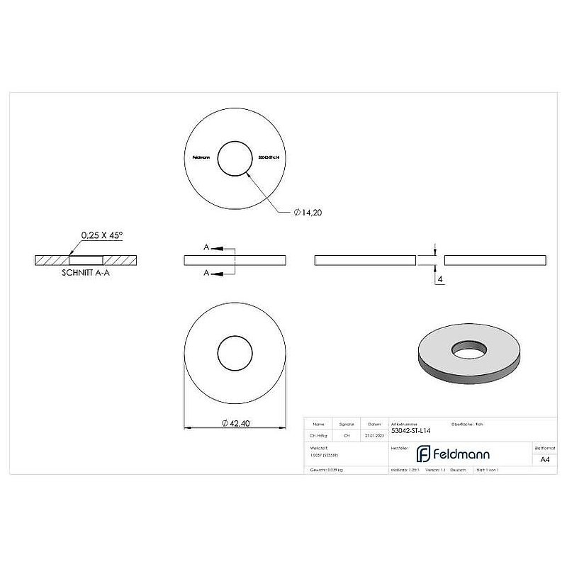 Ronde 42,4x4mm mit Ø 14,2mm Bohrung
