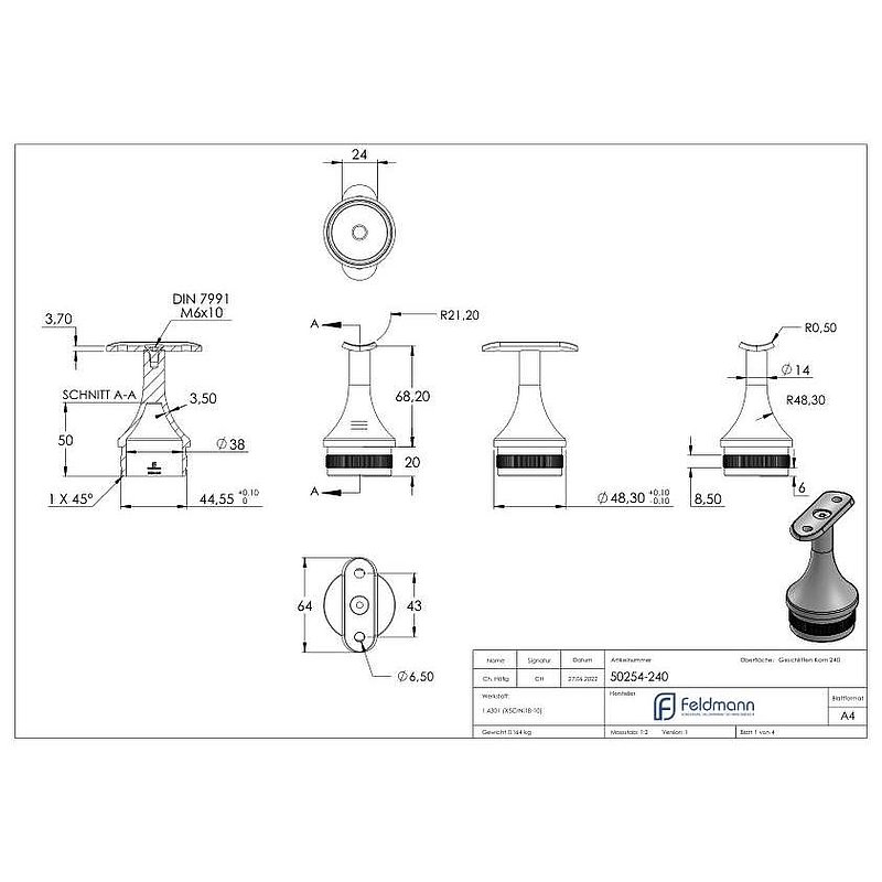 Bouchon pour extrémité de tube pour tube 48,3x2,0mm, plaque de racc. de mains courantes 42,4mm, V2A