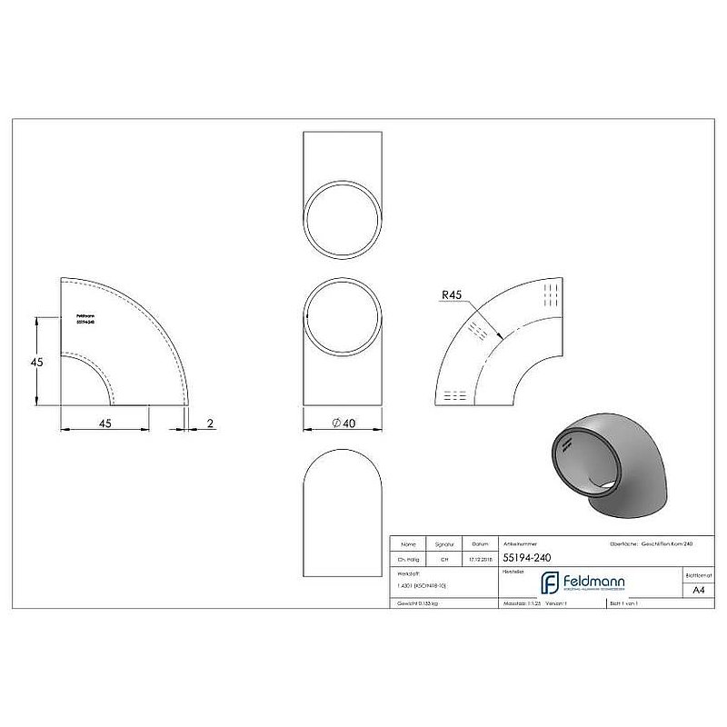 Welding elbow 90°, 40,0x2,0mm, AISI304