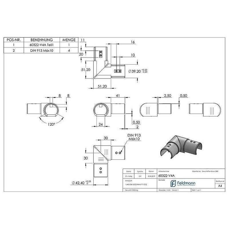 Eckbogen horizontal, für 42,4mm, V4A, Verlaufsecke
