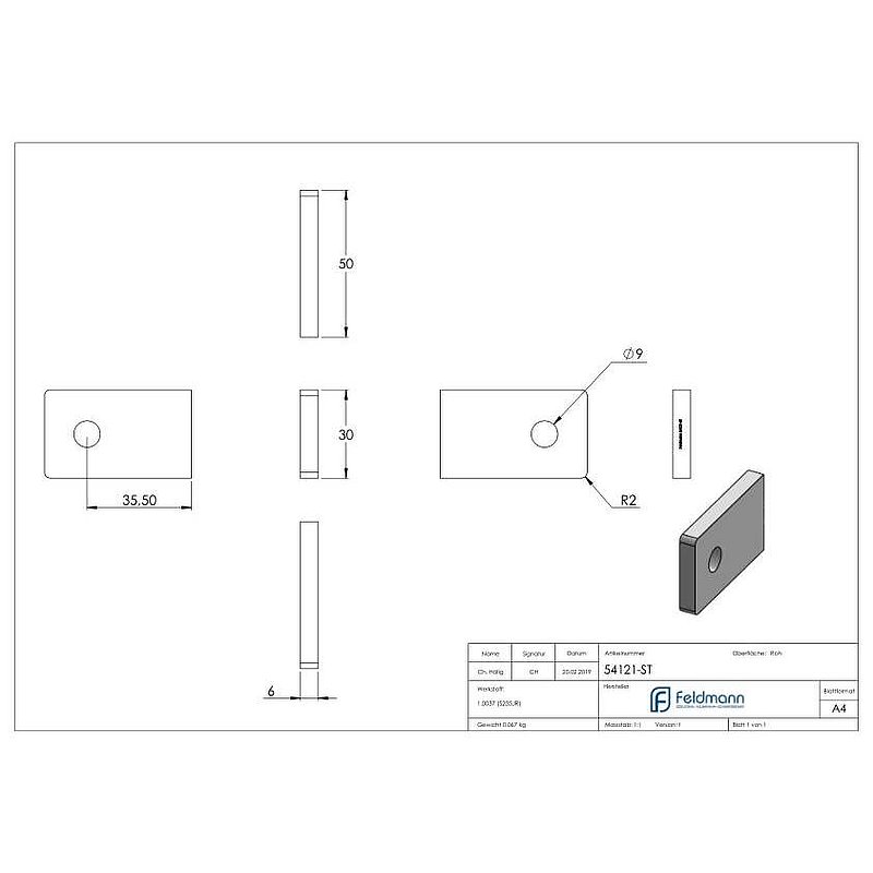 Weld-on bracket square 50x30x6mm