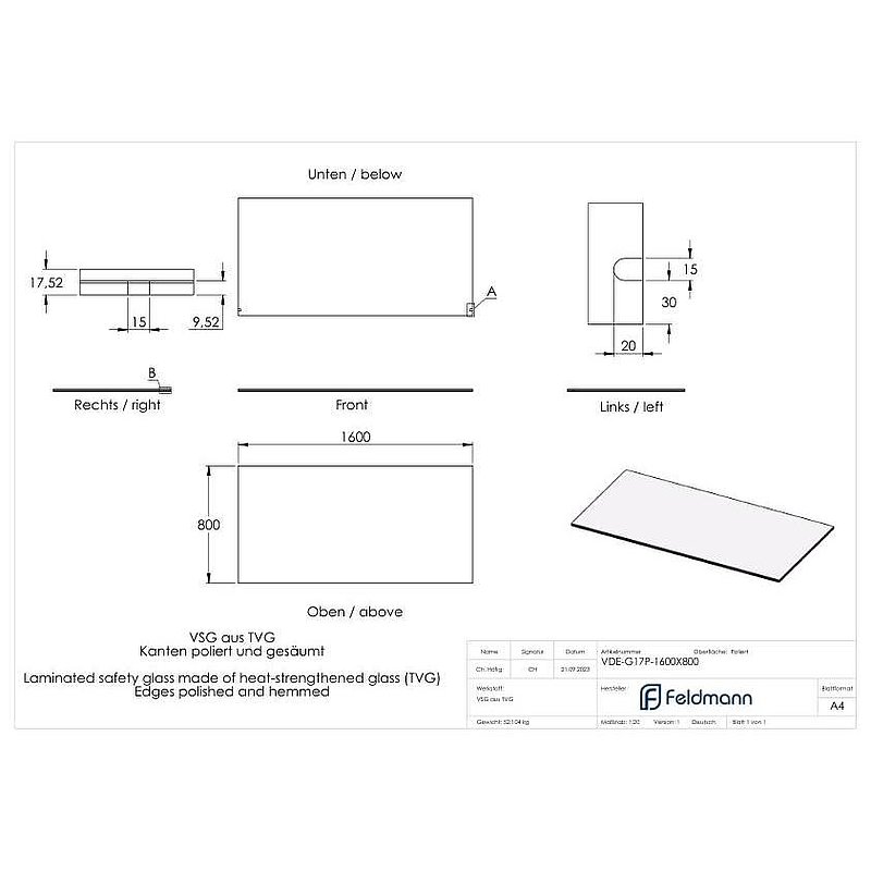 Eleganza canopy glass: 1600x800mm VSG made of 2x8mm TVG with 1,52mm PVB