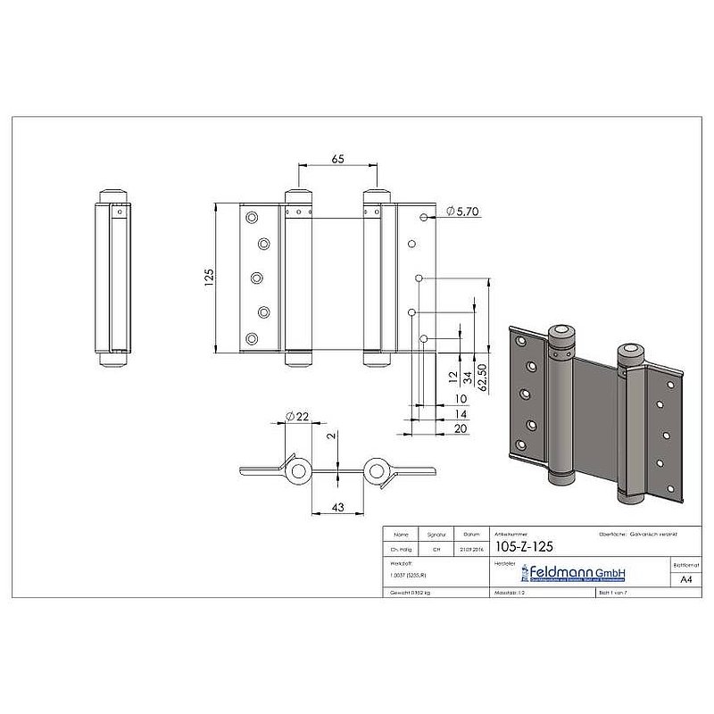 Swing door hinge for screwing on, one pair, galvanised